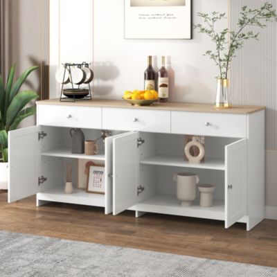 Buffet moderne 160x37x75 cm, meuble de rangement pour salon, quatre portes et trois tiroirs, meuble de cuisine, blanc