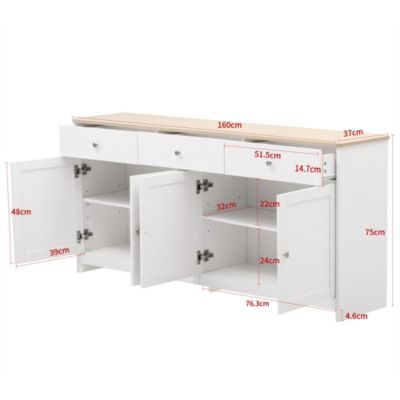 Buffet moderne 160x37x75 cm, meuble de rangement pour salon, quatre portes et trois tiroirs, meuble de cuisine, blanc