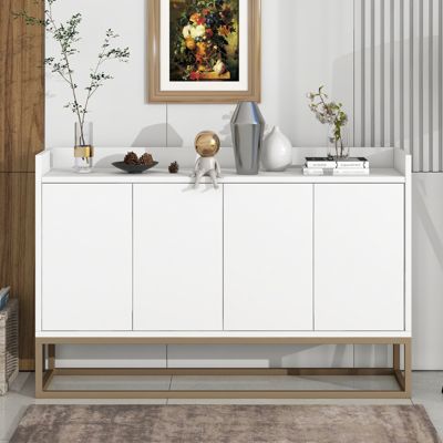 Buffet moderne 4 portes, armoire de rangement sans poignée, meuble polyvalent pour salon, chambre, salle de bain, blanc