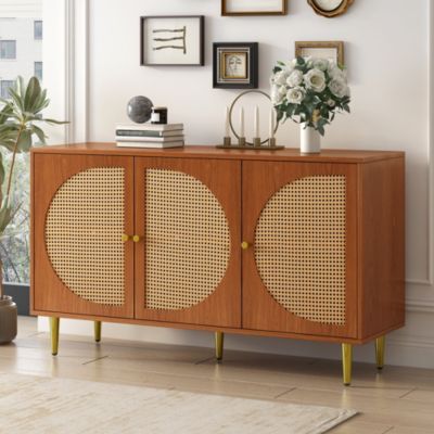 Buffet Moderne avec 3 Portes Décor Rotin et Poignées Métalliques, Meuble de Rangement Salon ou Chambre, Marron, 129,8x40x76 cm