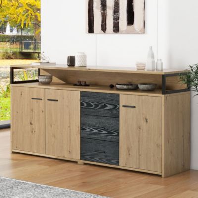 Buffet Moderne avec 3 Portes et 3 Tiroirs, Meuble de Rangement Polyvalent pour Salon, Chambre/Bureau, MDF, Naturel, 150x35x75,9 cm