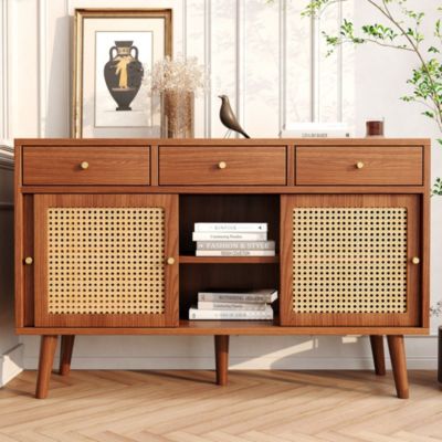 Buffet Moderne en Bois avec 3 Portes Coulissantes et 3 Tiroirs, Cannage en Rotin, Poignées Dorées et Étagères Réglables, Brun