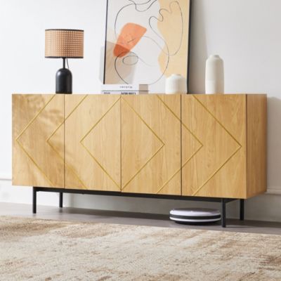 Buffet Moderne en Bois Naturel avec 4 Portes, Incrustations Métalliques - Style Minimaliste 160x40x78 cm, Naturel