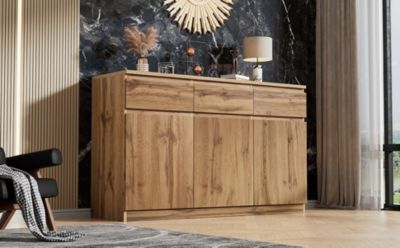 Buffet Naturel 3 Portes 3 Tiroirs - Meuble de Cuisine et Rangement pour Salon ou entrée, Panneau de Particules, 135x40x81 cm