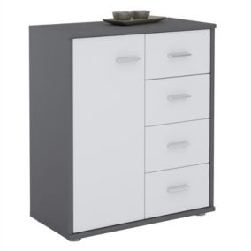 Buffet OSCAR, commode meuble de rangement avec 4 tiroirs et 1 porte, en mélaminé gris mat et blanc mat