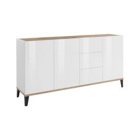 Buffet Paolo, buffet de cuisine 3 portes et 3 tiroirs, Buffet de salon, 100% Made in Italy, 160x40h82 cm, Blanc brillant et érable