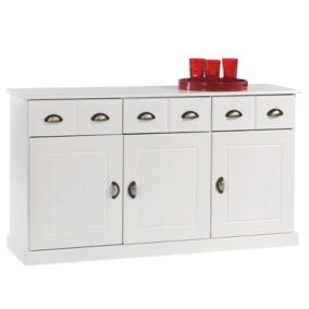 Buffet PARIS commode bahut vaisselier avec 3 portes battantes et 3 tiroirs pin massif lasuré blanc