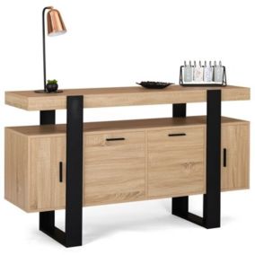 Buffet Rangement 4 Portes  Bois et Noir 140 cm Mobilier Salon Style Contemporain Meuble Moderne