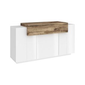 Buffet Renzo, Buffet de cuisine avec 4 portes, Buffet de salon, 100% Made in Italy, 140x45h86 cm, Blanc brillant et érable