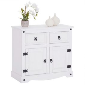 Buffet RURAL commode bahut vaisselier en pin massif blanc avec 2 tiroirs et 2 portes, meuble de rangement style mexicain en bois