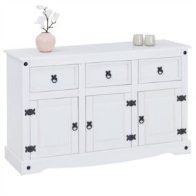 Buffet RURAL commode bahut vaisselier en pin massif blanc avec 3 tiroirs et 3 portes, meuble de rangement style mexicain en bois