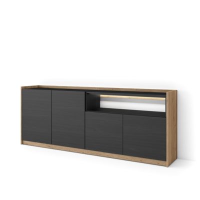 Buffet salon et cuisine, 207x80x37 cm, 4 Portes, LED, Noir et chêne