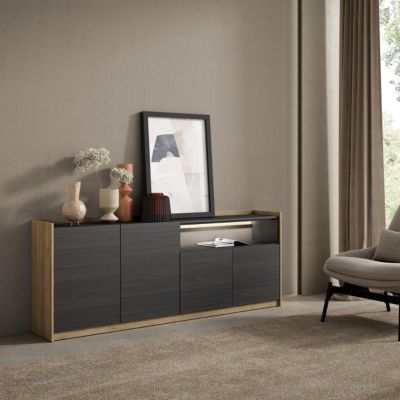 Buffet salon et cuisine, 207x80x37 cm, 4 Portes, LED, Noir et chêne