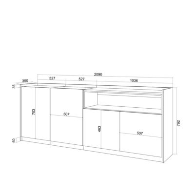Buffet salon et cuisine, 207x80x37 cm, 4 Portes, LED, Noir et chêne