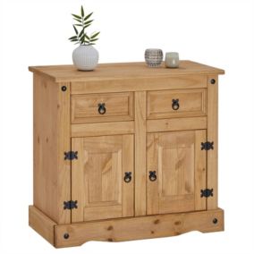 Buffet SALSA commode bahut vaisselier en bois style mexicain avec 2 portes et 2 tiroirs, en pin massif finition teintée/cirée