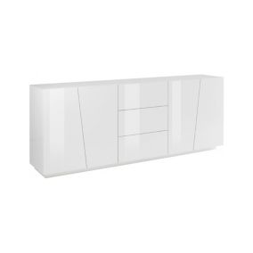 Buffet Sven, Buffet de cuisine avec 4 portes et 3 tiroirs, Buffet de salon, 100% Made in Italy, 220x43h86 cm, Blanc brillant