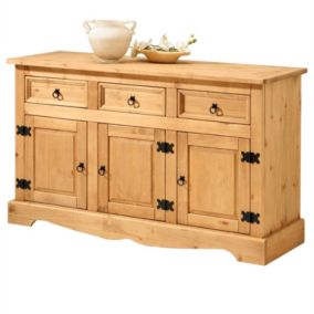 Buffet TEQUILA commode bahut vaisselier en bois style mexicain avec 3 tiroirs et 3 portes battantes, en pin massif teinté ciré