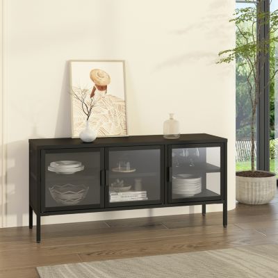 Buffet vitrine Borshavisa acier verre trempé 55 x 118 x 35 cm noir en.casa