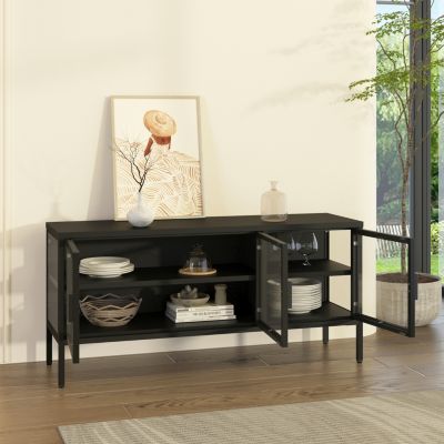 Buffet vitrine Borshavisa acier verre trempé 55 x 118 x 35 cm noir en.casa