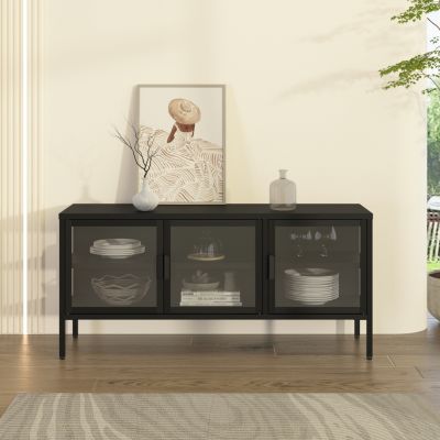 Buffet vitrine Borshavisa acier verre trempé 55 x 118 x 35 cm noir en.casa