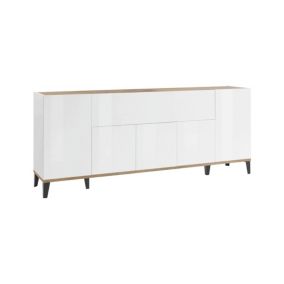 Buffet Vittorio, buffet de cuisine avec 6 portes, buffet de salon, 100% Made in Italy, 200x40h82 cm, blanc brillant et érable