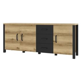 Buffet XL 190cm collection DARWIN. Couleur chêne clair et noir. 3 portes et 3 tiroirs