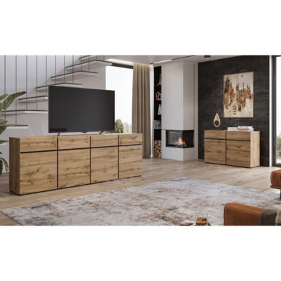 Buffet XL coloris chene et noir 225cm collection HAVANA. Bahut  design avec 4 portes et 4 tiroirs.