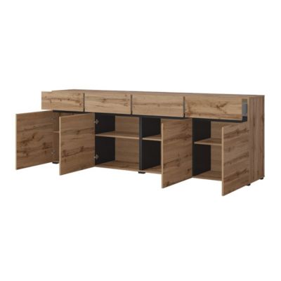 Buffet XL coloris chene et noir 225cm collection HAVANA. Bahut  design avec 4 portes et 4 tiroirs.