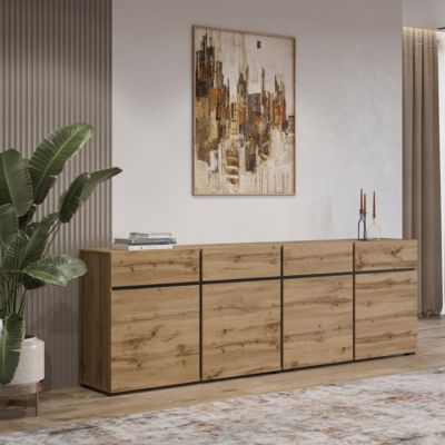 Buffet XL coloris chene et noir 225cm collection HAVANA. Bahut  design avec 4 portes et 4 tiroirs.