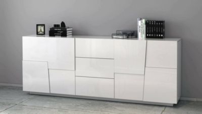 Buffet Dmora Bethal Blanc Brillant – 225 X 38 X 79 Cm – Meuble De Salon/cuisine Fabriqué En Italie – 5 Portes, 3 étagères