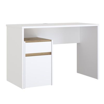 Bureau 110 cm blanc mat et décor bois de chêne avec caisson - ODYSSÉE