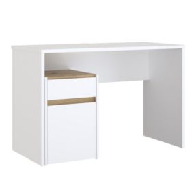 Bureau 110 cm blanc mat et décor bois de chêne avec caisson - ODYSSÉE