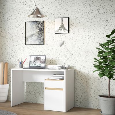 Bureau 110 cm blanc mat et décor bois de chêne avec caisson - ODYSSÉE