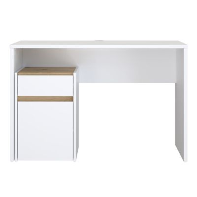 Bureau 110 cm blanc mat et décor bois de chêne avec caisson - ODYSSÉE