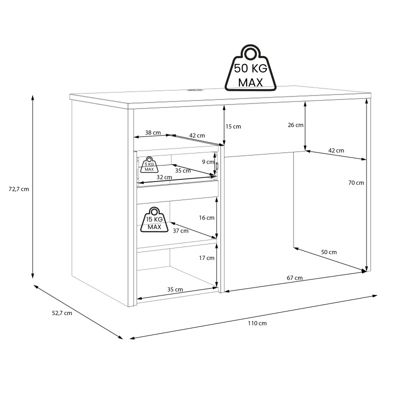 Bureau 110 cm blanc mat et décor bois de chêne avec caisson - ODYSSÉE