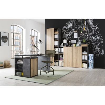 Bureau 140 cm avec rangements décor bois et béton gris - JENY