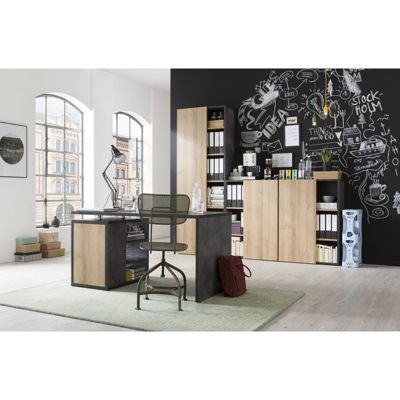 Bureau 140 cm avec rangements décor bois et béton gris - JENY