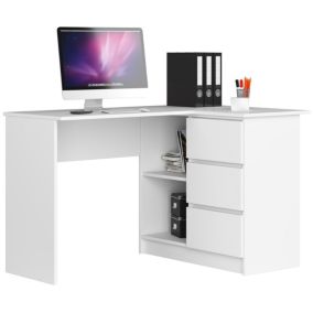 Bureau AKORD d'angle droit B16 Blanc 124 cm 3 tiroirs façade Blanche 2 étagères 124x85x77 cm