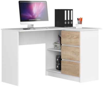 Bureau AKORD d'angle droit B16 Blanc 124 cm 3 tiroirs façade Chêne Sonoma 2 étagères 124x85x77 cm