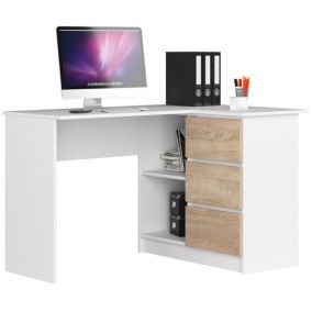 Bureau AKORD d'angle droit B16 Blanc 124 cm 3 tiroirs façade Chêne Sonoma 2 étagères 124x85x77 cm