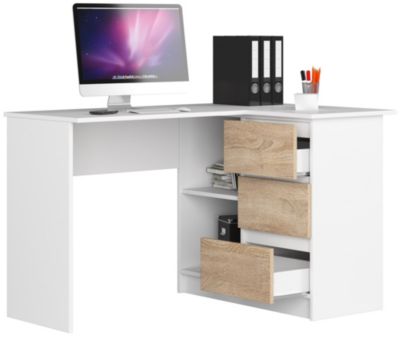 Bureau AKORD d'angle droit B16 Blanc 124 cm 3 tiroirs façade Chêne Sonoma 2 étagères 124x85x77 cm