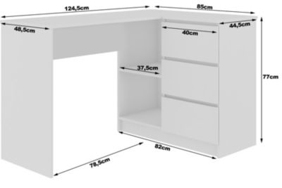Bureau AKORD d'angle droit B16 Blanc 124 cm 3 tiroirs façade Chêne Sonoma 2 étagères 124x85x77 cm