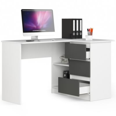 Bureau AKORD d'angle droit B16 Blanc 124 cm 3 tiroirs façade Gris Graphite 2 étagères 124x85x77 cm