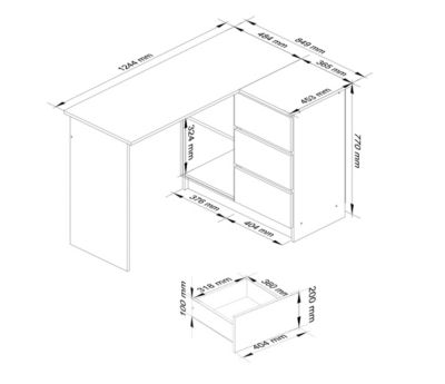 Bureau AKORD d'angle droit B16 Blanc 124 cm 3 tiroirs façade Gris Graphite 2 étagères 124x85x77 cm