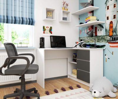 Bureau AKORD d'angle droit B16 Blanc 124 cm 3 tiroirs façade Gris Graphite 2 étagères 124x85x77 cm