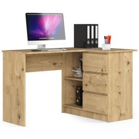 Bureau AKORD d'angle droit B16 Chêne Artisan 124 cm 3 tiroirs façade Chêne Artisan 2 étagères 124x85x77 cm