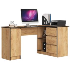 Bureau AKORD d'angle droit B20 Chêne Craft 155 cm 1 porte 3 tiroirs façade Chêne Craft 4 étagères 155x85x77 cm