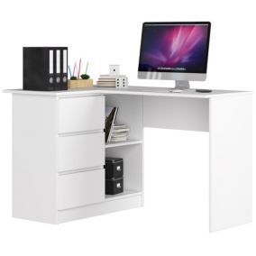 Bureau AKORD d'angle gauche B16 Blanc 124 cm 3 tiroirs façade Blanche 2 étagères 124x85x77 cm