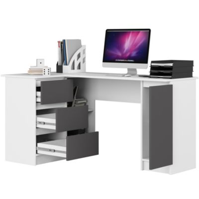 Bureau AKORD d'angle gauche B20 Blanc 155 cm 1 porte 3 tiroirs façade Gris Graphite 4 étagères 155x85x77 cm