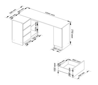 Bureau AKORD d'angle gauche B20 Blanc 155 cm 1 porte 3 tiroirs façade Gris Graphite 4 étagères 155x85x77 cm